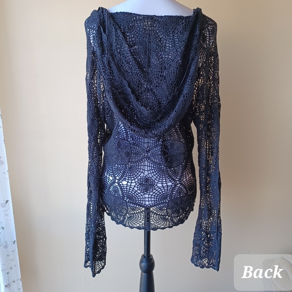 J Jill Hand Crochet 100% Silk Black Long Sleeve Hooded Pullover Top Size M - Picture 4 of 8